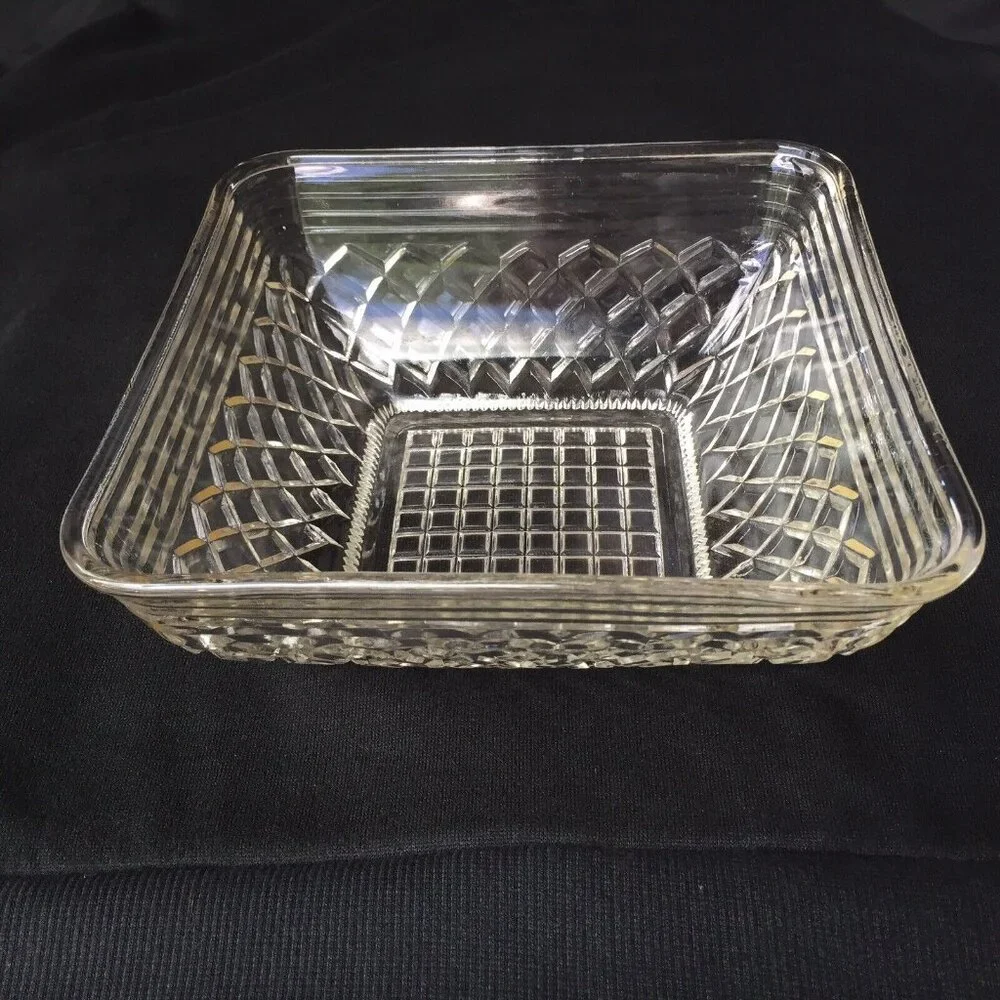 Vintage Clear Cut Glass Square Serving Bowl Dish Geometric Diamonds Retro Ornate